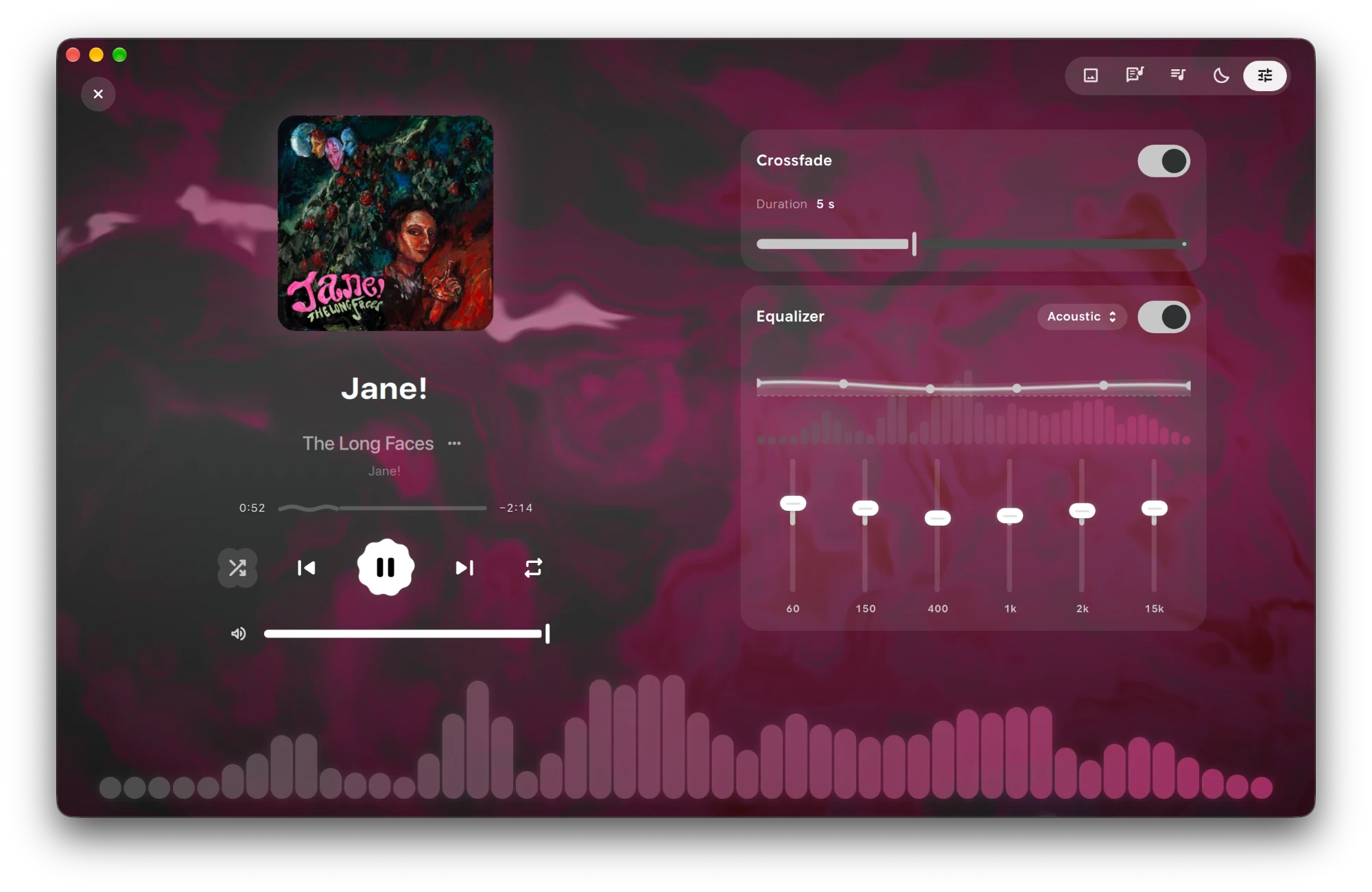 The sound panel with crossfade and the equalizer, and the visualizer bars rising along the bottom