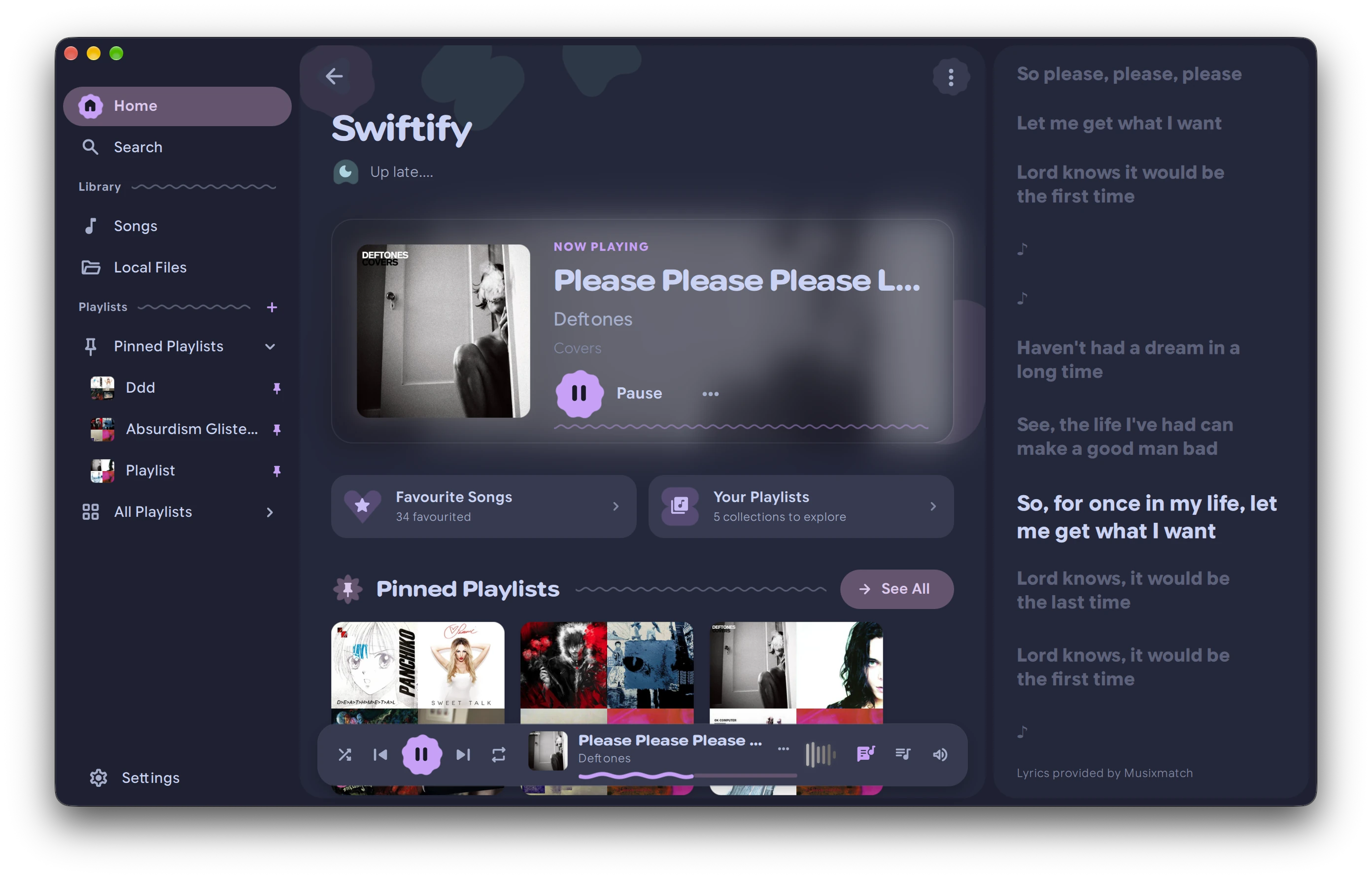 Swiftify's home page: the now playing card, pinned playlists, and synced lyrics in the side panel